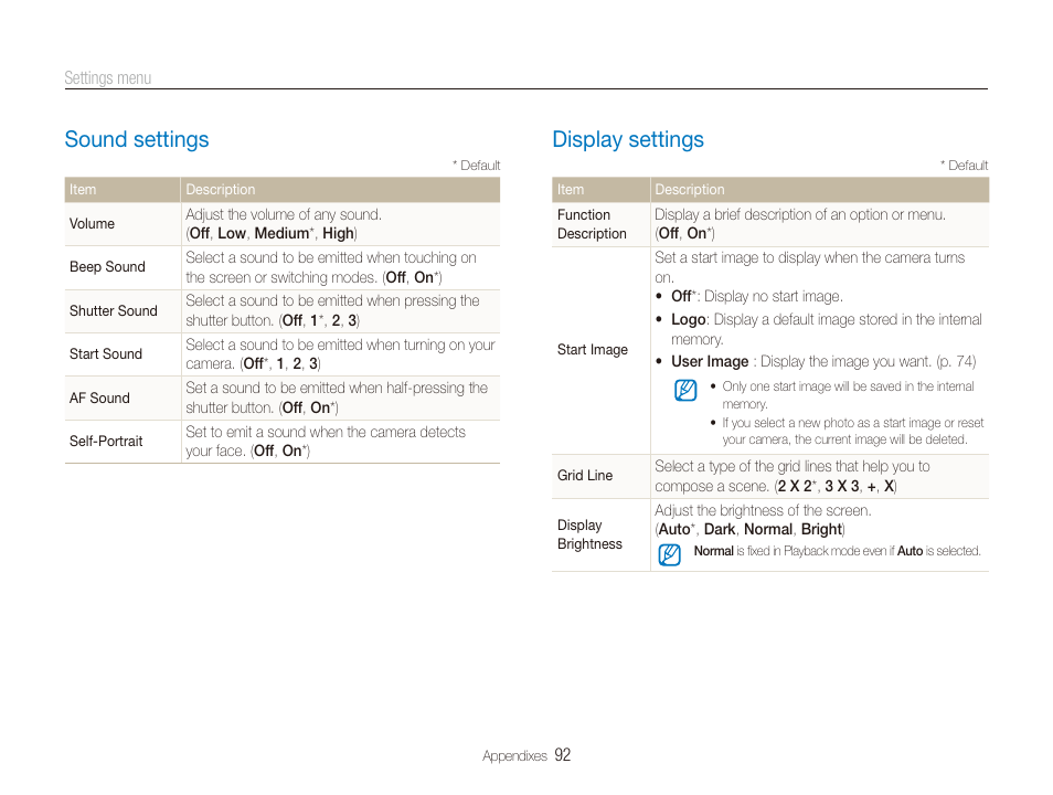 Sound settings, Display settings | Samsung EC-TL240ZBPBUS User Manual | Page 93 / 113
