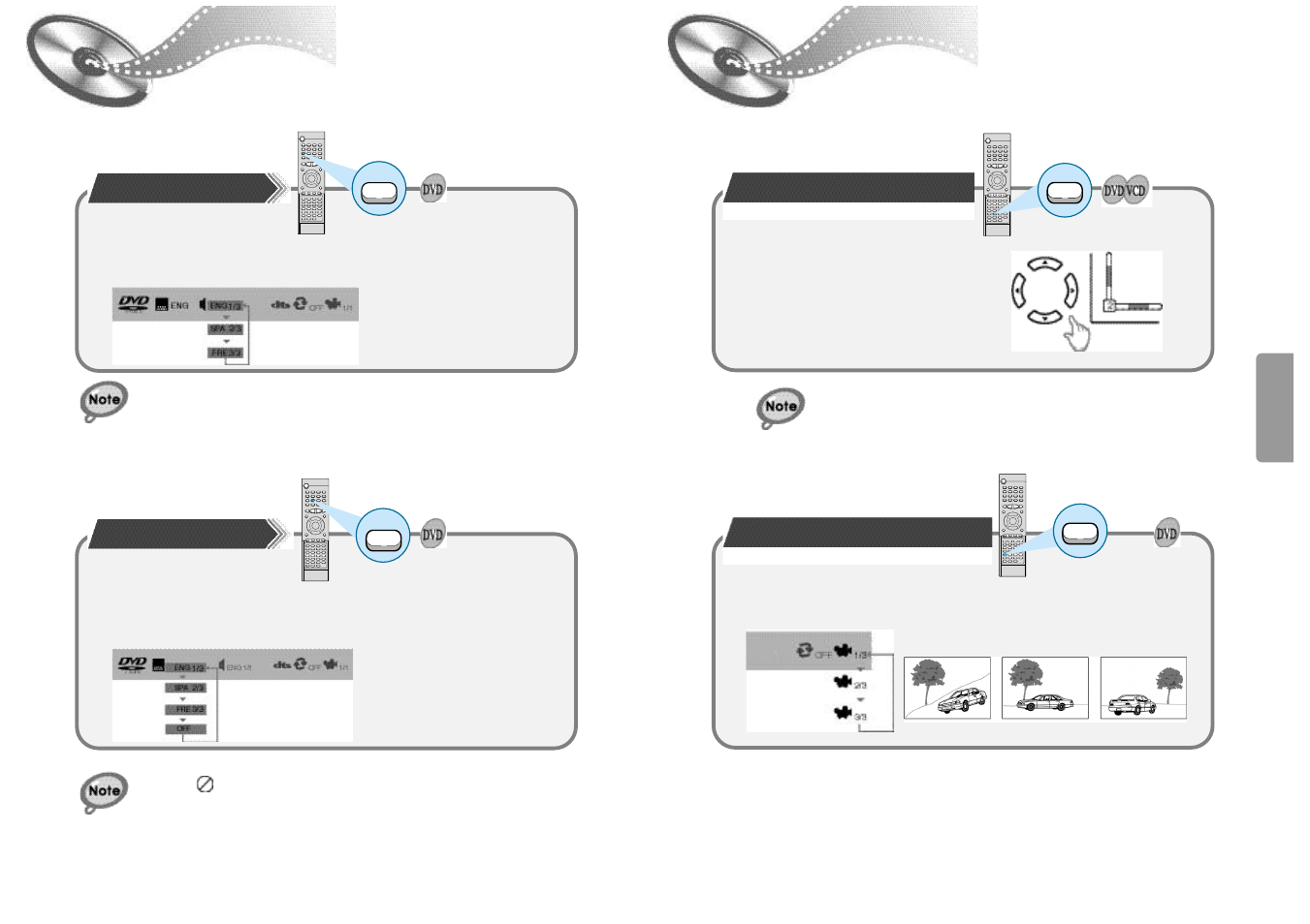 Selecting the audio language/subtitle language, Zoom/angle functions | Samsung HT-DM150 User Manual | Page 14 / 25