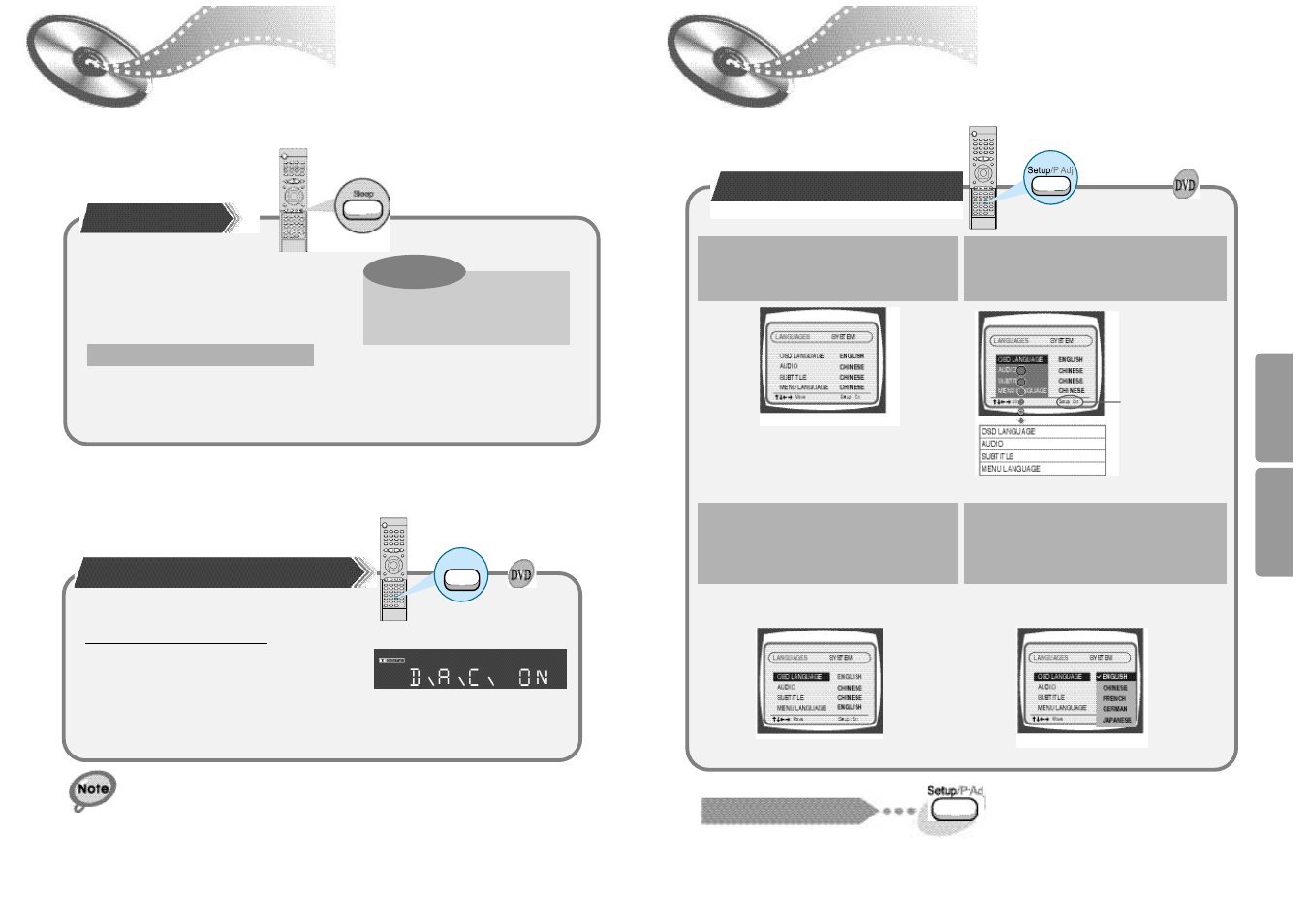 Sleep/d.r.c function, Setup, Setting up the language features | Samsung HT-DM150 User Manual | Page 16 / 25