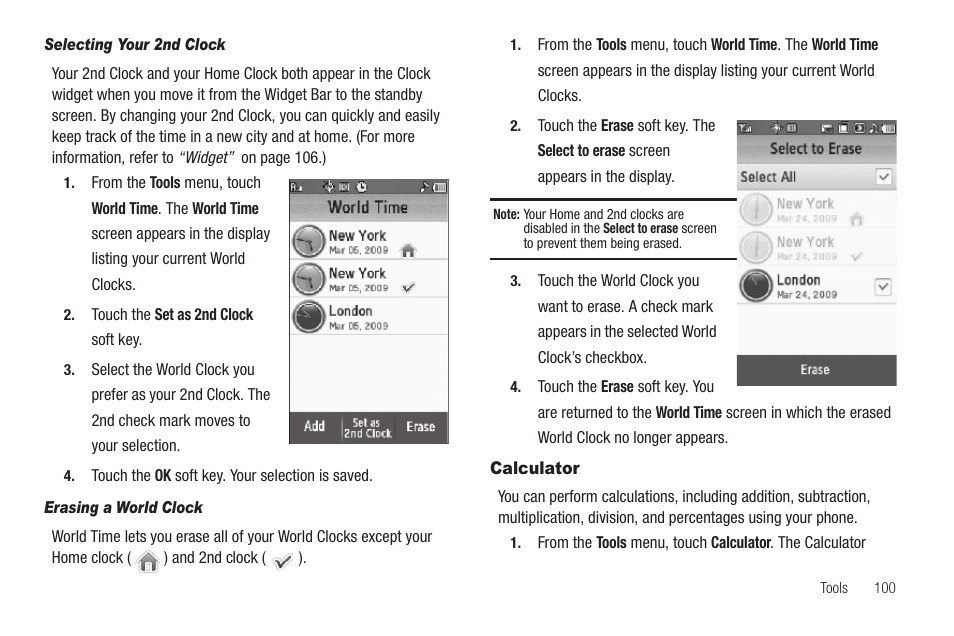 Selecting your 2nd clock, Erasing a world clock, Calculator | Samsung SCH-R810ZKAXAR User Manual | Page 103 / 191