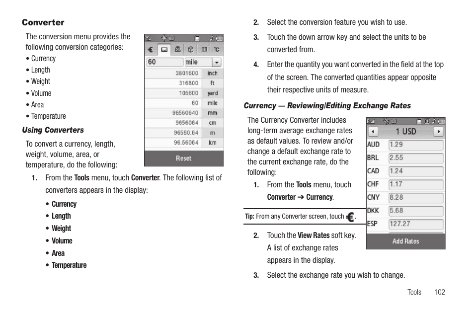 Converter, Using converters, Currency — reviewing/editing exchange rates | Samsung SCH-R810ZKAXAR User Manual | Page 105 / 191