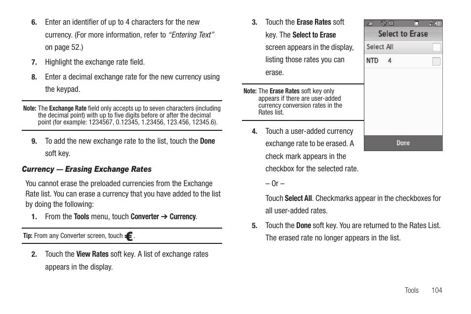 Currency — erasing exchange rates | Samsung SCH-R810ZKAXAR User Manual | Page 107 / 191