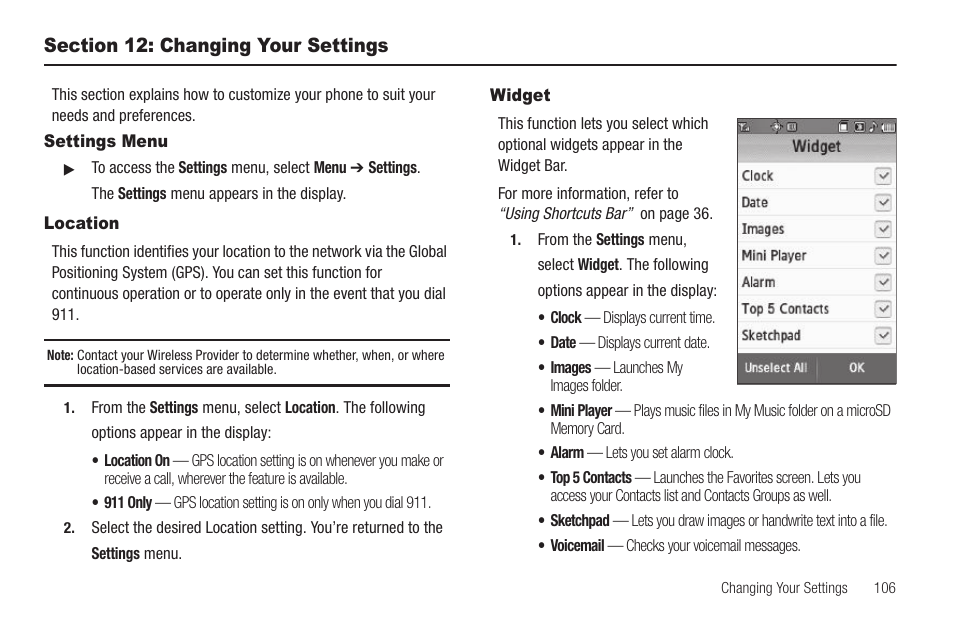 Section 12: changing your settings, Settings menu, Location | Widget, Settings menu location widget, Settings. (for more, Information, refer to “widget | Samsung SCH-R810ZKAXAR User Manual | Page 109 / 191