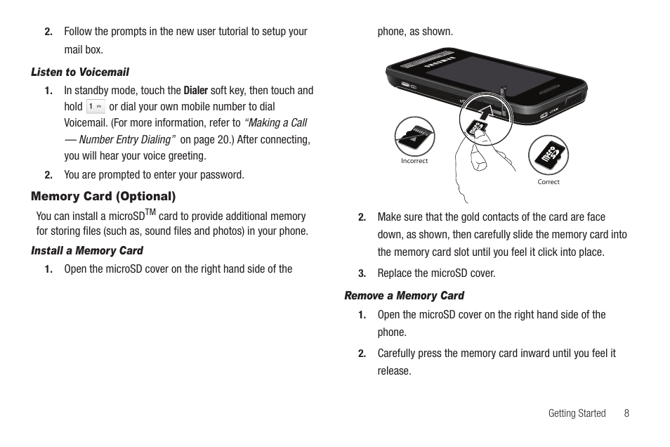 Listen to voicemail, Memory card (optional), Install a memory card | Remove a memory card | Samsung SCH-R810ZKAXAR User Manual | Page 11 / 191