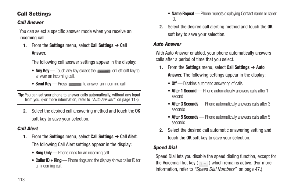 Call settings, Call answer, Call alert | Auto answer, Speed dial, Y key except, For more | Samsung SCH-R810ZKAXAR User Manual | Page 116 / 191