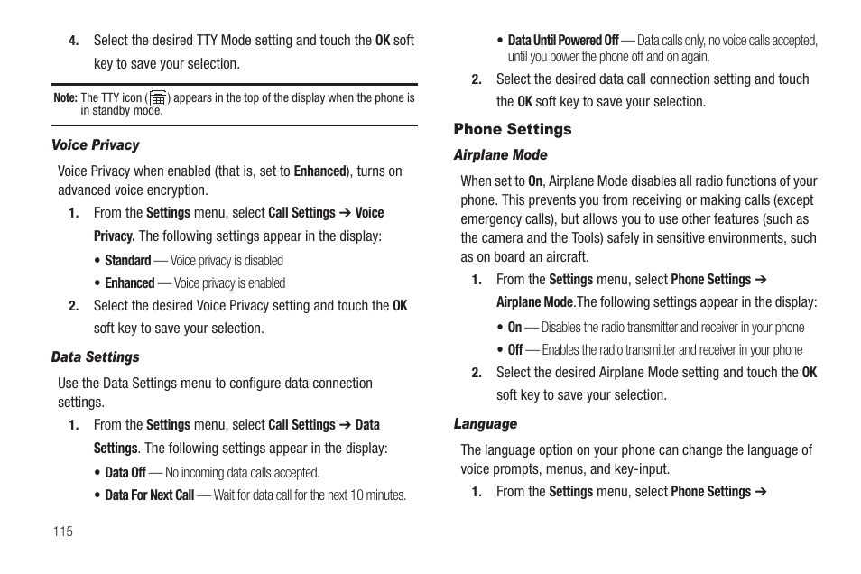 Voice privacy, Data settings, Phone settings | Airplane mode, Language | Samsung SCH-R810ZKAXAR User Manual | Page 118 / 191