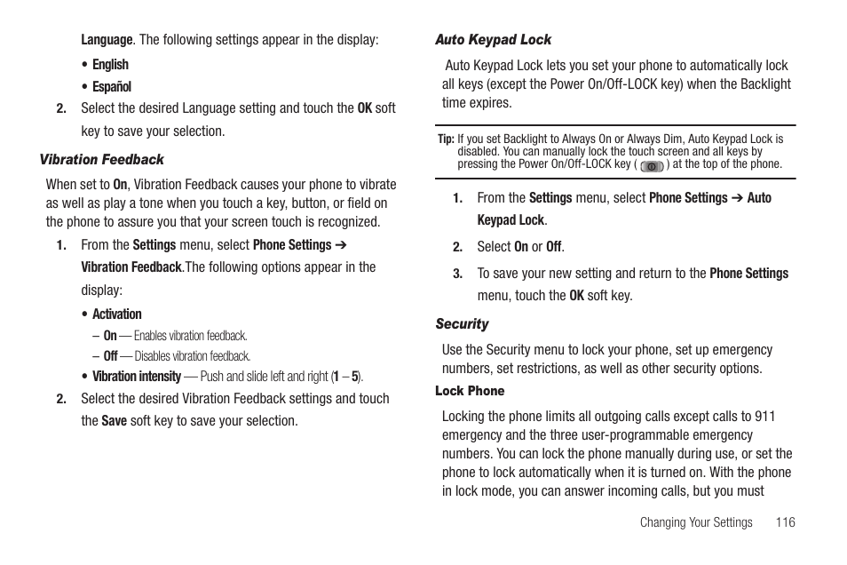 Vibration feedback, Auto keypad lock, Security | Lock phone | Samsung SCH-R810ZKAXAR User Manual | Page 119 / 191