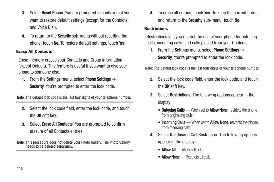 Erase all contacts, Restrictions | Samsung SCH-R810ZKAXAR User Manual | Page 122 / 191