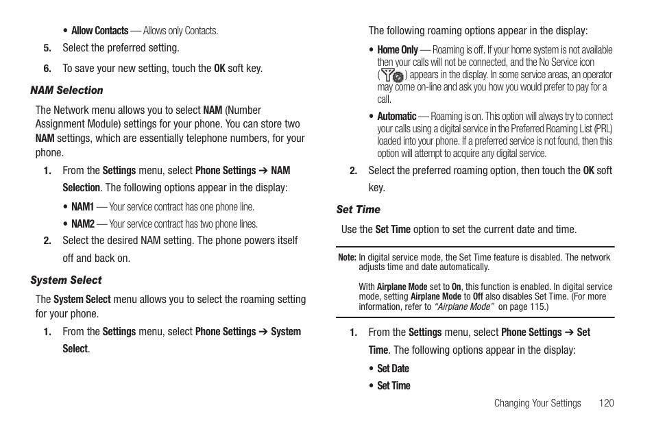 Nam selection, System select, Set time | Samsung SCH-R810ZKAXAR User Manual | Page 123 / 191