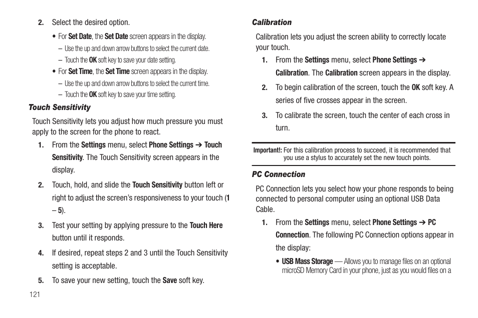 Touch sensitivity, Calibration, Pc connection | Samsung SCH-R810ZKAXAR User Manual | Page 124 / 191