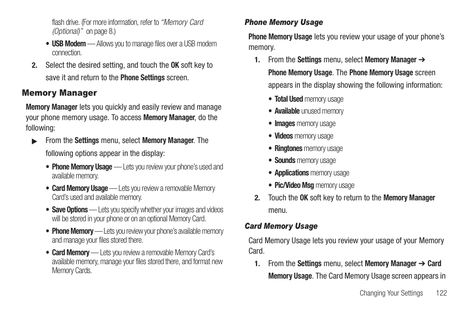 Memory manager, Phone memory usage, Card memory usage | Samsung SCH-R810ZKAXAR User Manual | Page 125 / 191