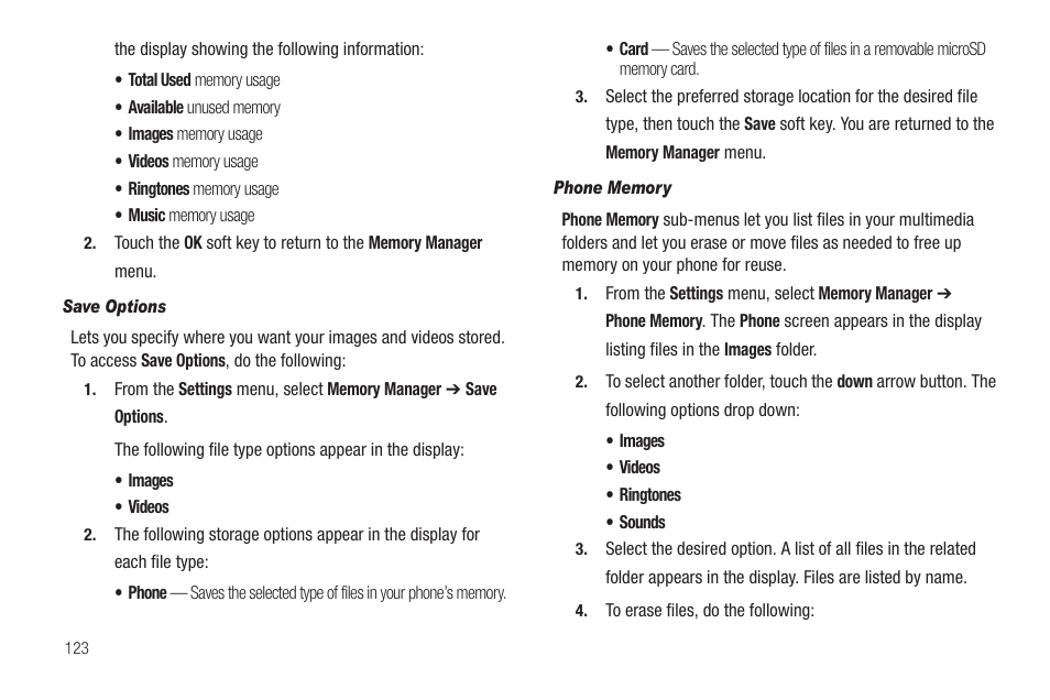 Save options, Phone memory | Samsung SCH-R810ZKAXAR User Manual | Page 126 / 191