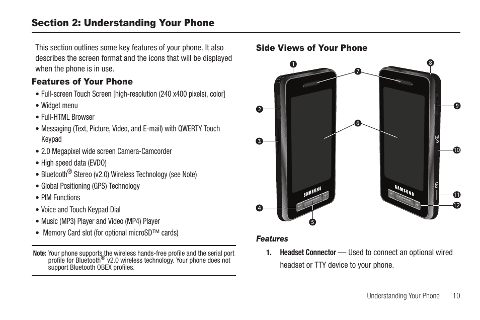 Section 2: understanding your phone, Features of your phone, Side views of your phone | Features, Features of your phone side views of your phone | Samsung SCH-R810ZKAXAR User Manual | Page 13 / 191