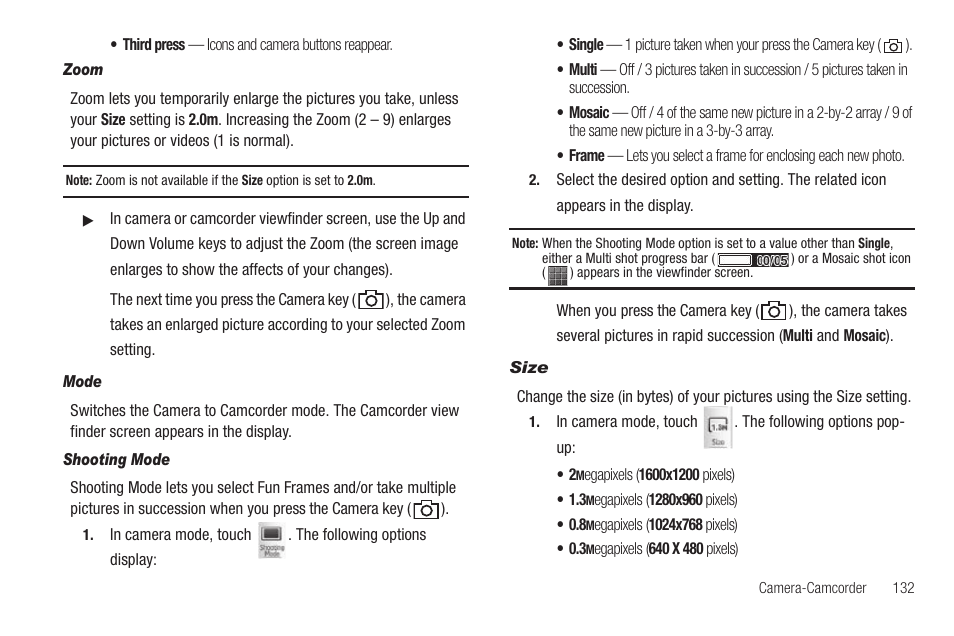 Zoom, Mode, Shooting mode | Size | Samsung SCH-R810ZKAXAR User Manual | Page 135 / 191