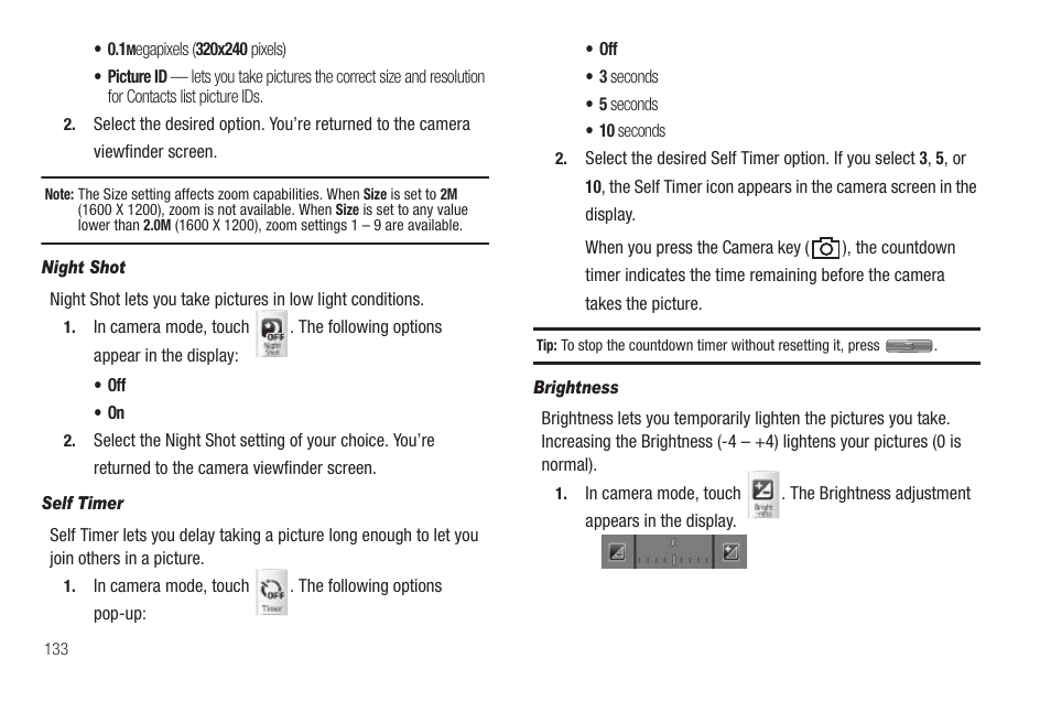 Night shot, Self timer, Brightness | Samsung SCH-R810ZKAXAR User Manual | Page 136 / 191