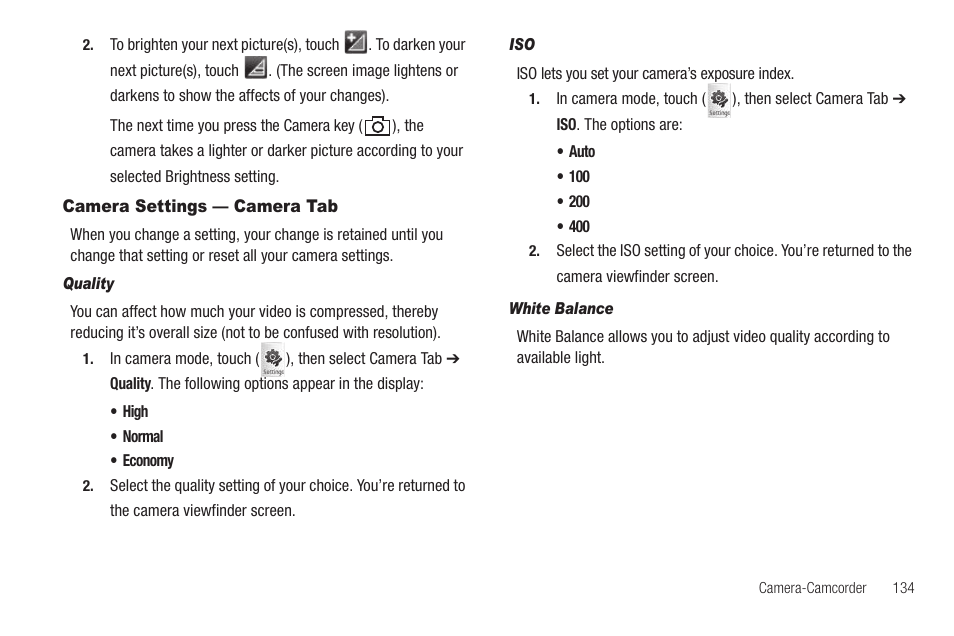 Camera settings — camera tab, Quality, White balance | Samsung SCH-R810ZKAXAR User Manual | Page 137 / 191