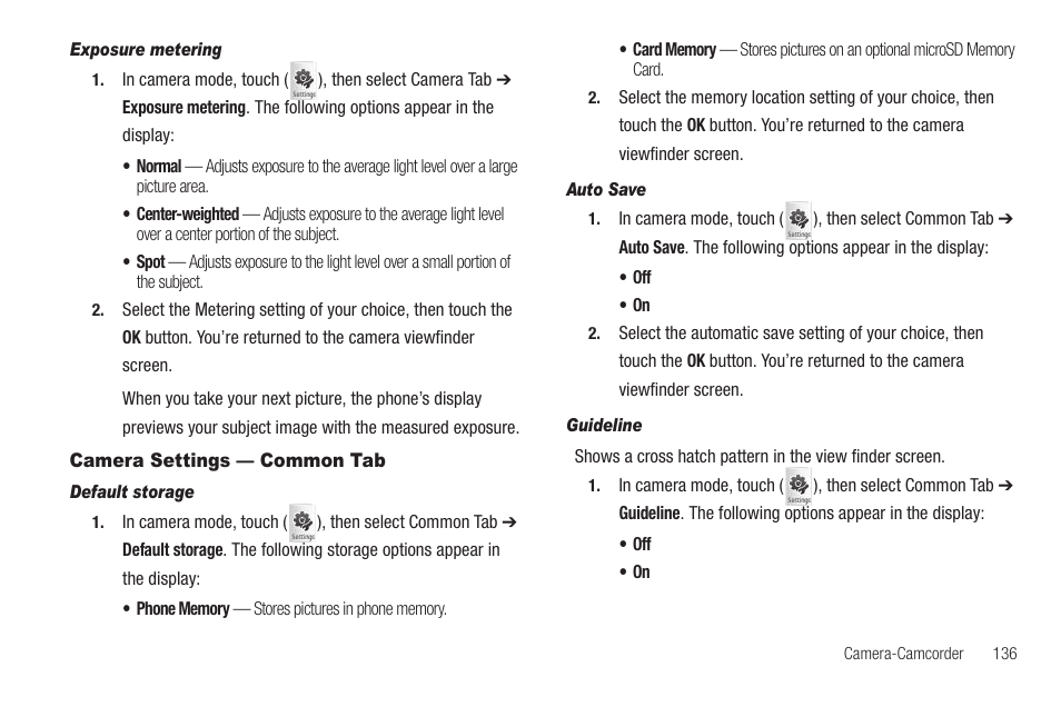 Exposure metering, Camera settings — common tab, Default storage | Auto save, Guideline | Samsung SCH-R810ZKAXAR User Manual | Page 139 / 191