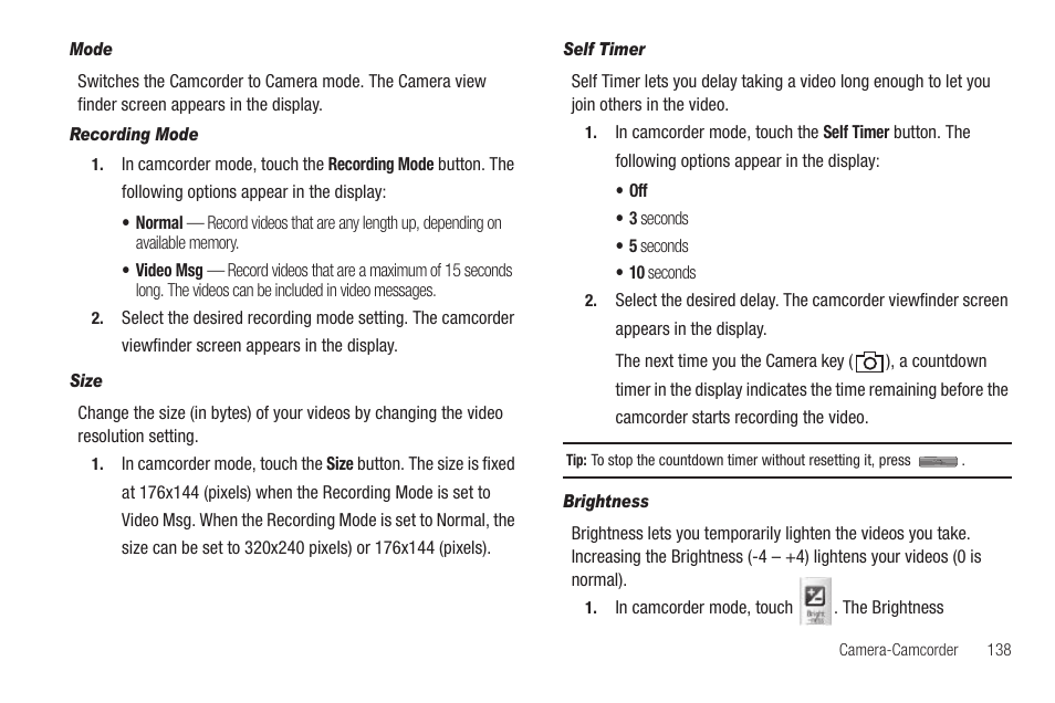 Mode, Recording mode, Size | Self timer, Brightness | Samsung SCH-R810ZKAXAR User Manual | Page 141 / 191