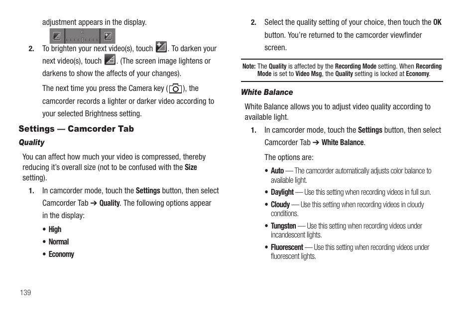 Settings — camcorder tab, Quality, White balance | Samsung SCH-R810ZKAXAR User Manual | Page 142 / 191