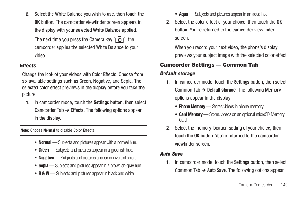 Effects, Camcorder settings — common tab, Default storage | Auto save | Samsung SCH-R810ZKAXAR User Manual | Page 143 / 191