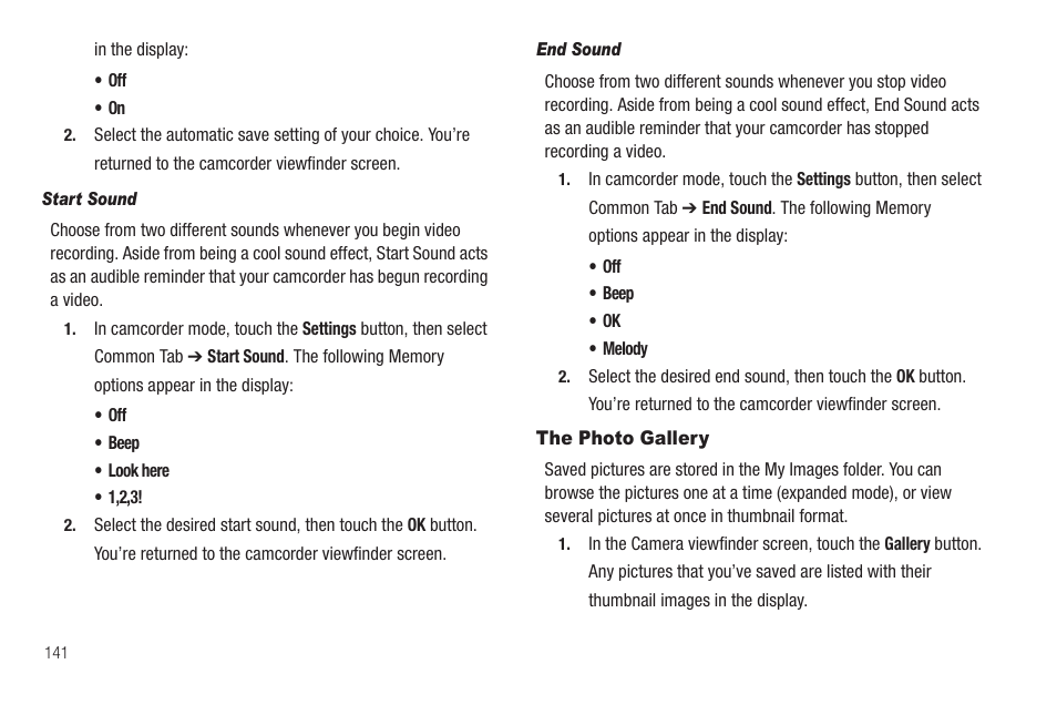 Start sound, End sound, The photo gallery | Samsung SCH-R810ZKAXAR User Manual | Page 144 / 191