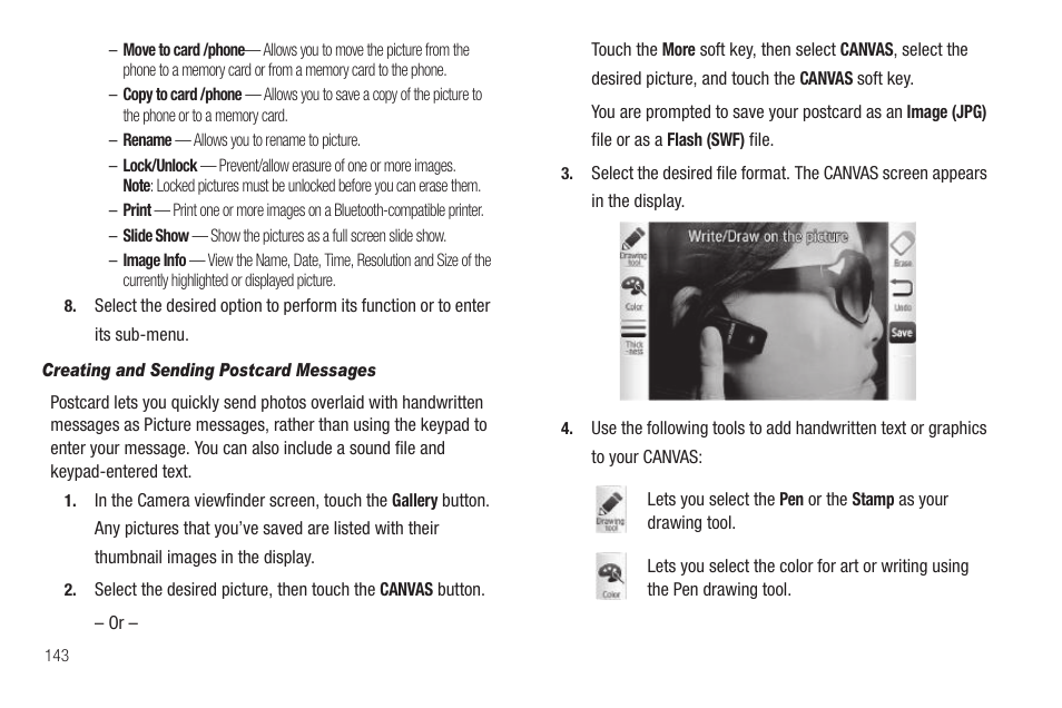 Creating and sending postcard messages | Samsung SCH-R810ZKAXAR User Manual | Page 146 / 191