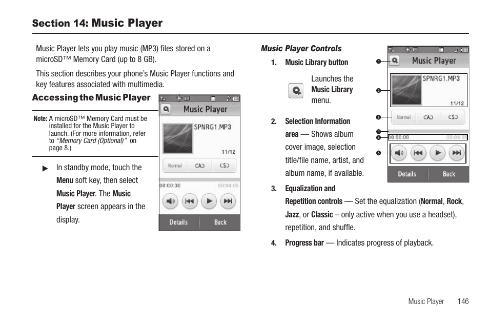 Section 14: music player, Accessing the music player, Music player controls | Music player | Samsung SCH-R810ZKAXAR User Manual | Page 149 / 191