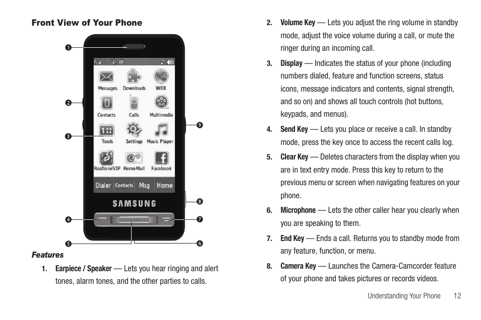 Front view of your phone, Features | Samsung SCH-R810ZKAXAR User Manual | Page 15 / 191