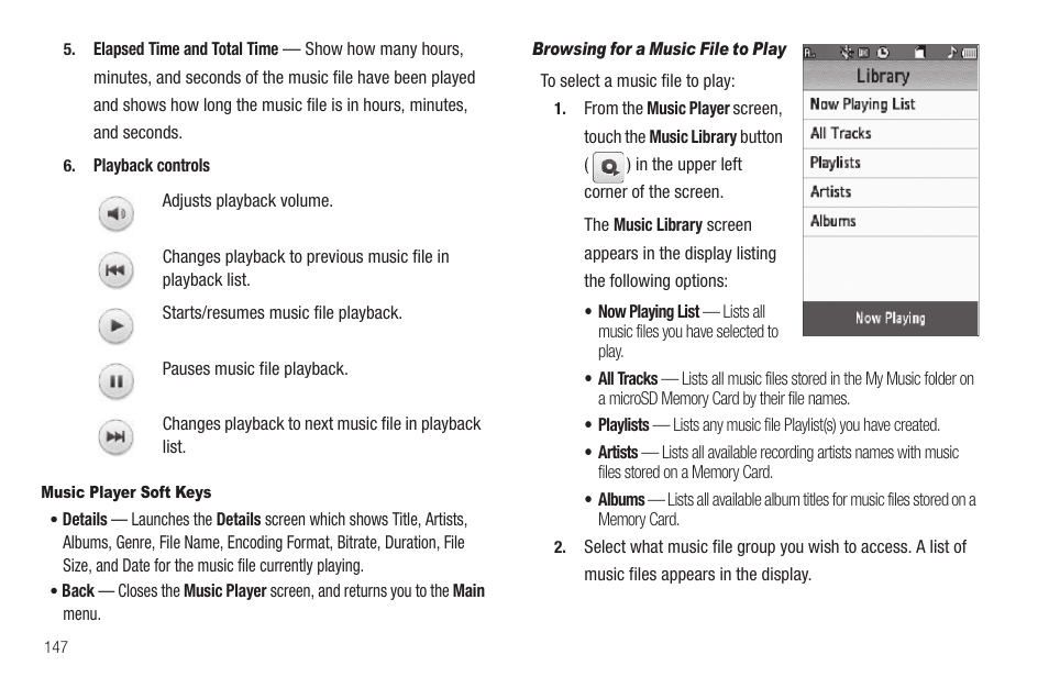 Music player soft keys, Browsing for a music file to play | Samsung SCH-R810ZKAXAR User Manual | Page 150 / 191