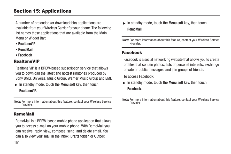 Section 15: applications, Realtonevip, Remomail | Facebook, Realtonevip remomail facebook | Samsung SCH-R810ZKAXAR User Manual | Page 154 / 191