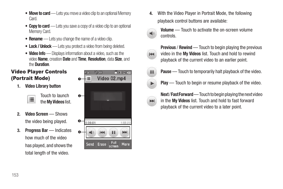 Video player controls (portrait mode) | Samsung SCH-R810ZKAXAR User Manual | Page 156 / 191