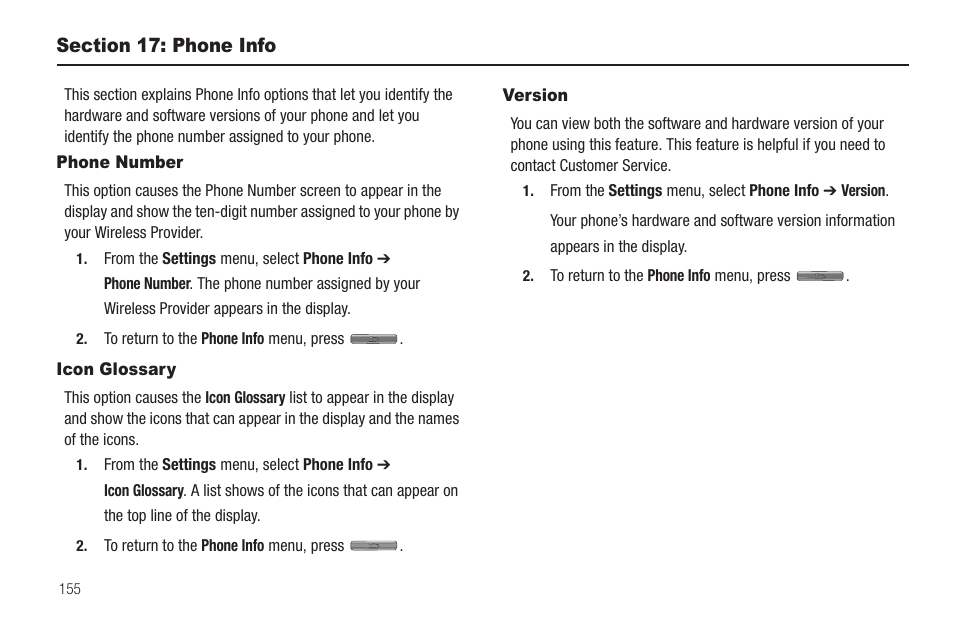 Section 17: phone info, Phone number, Icon glossary | Version, Phone number icon glossary | Samsung SCH-R810ZKAXAR User Manual | Page 158 / 191