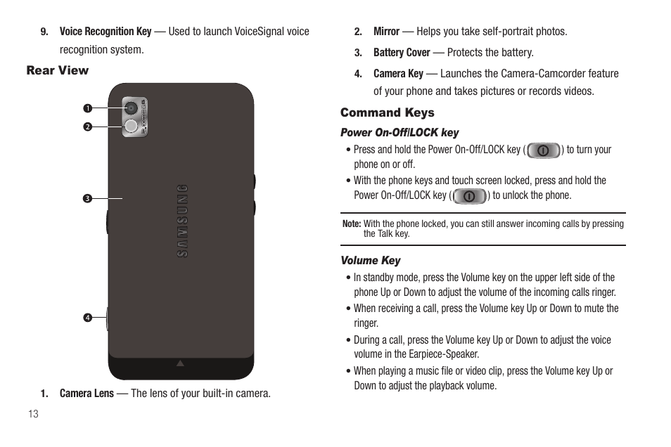 Rear view, Command keys, Power on-off/lock key | Volume key, Rear view command keys | Samsung SCH-R810ZKAXAR User Manual | Page 16 / 191