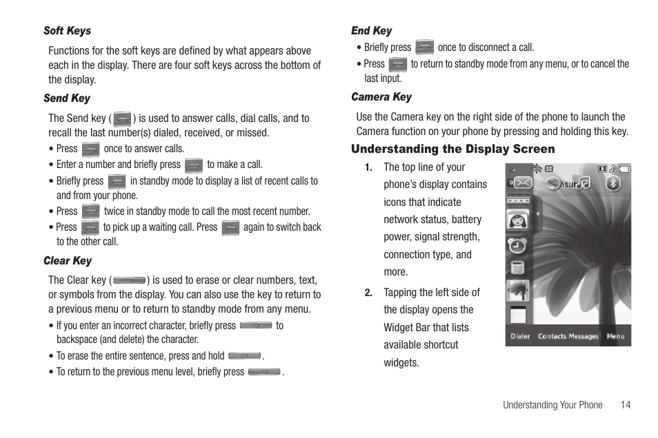 Soft keys, Send key, Clear key | End key, Camera key, Understanding the display screen | Samsung SCH-R810ZKAXAR User Manual | Page 17 / 191