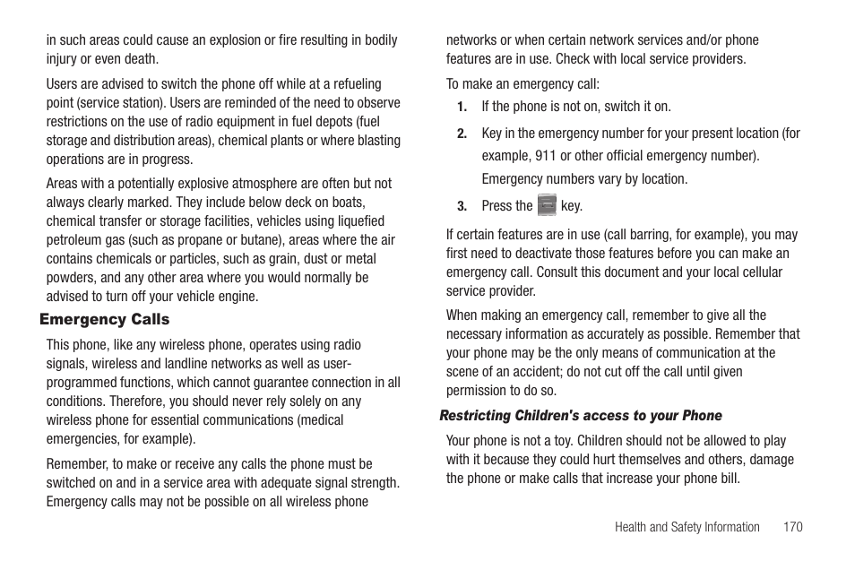 Emergency calls, Restricting children's access to your phone | Samsung SCH-R810ZKAXAR User Manual | Page 173 / 191