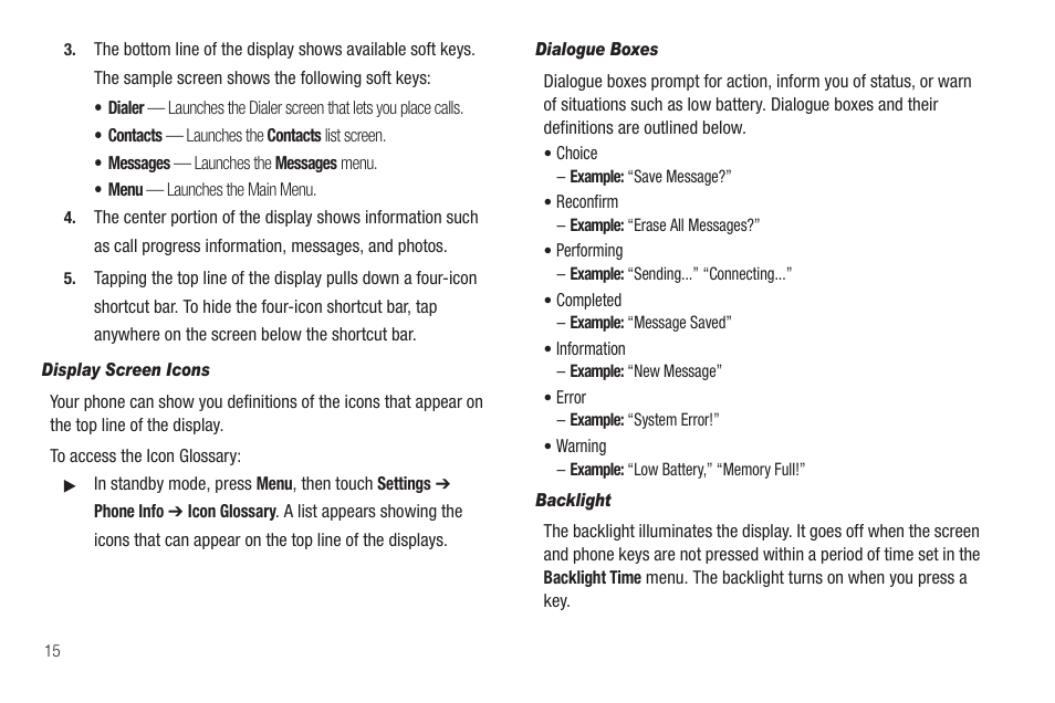 Display screen icons, Dialogue boxes, Backlight | Samsung SCH-R810ZKAXAR User Manual | Page 18 / 191