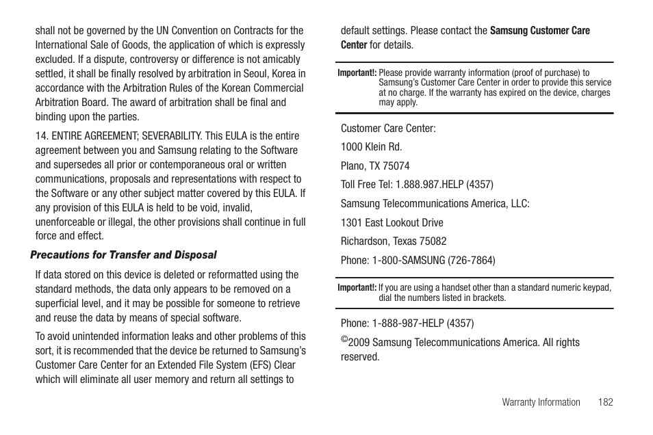 Precautions for transfer and disposal | Samsung SCH-R810ZKAXAR User Manual | Page 185 / 191