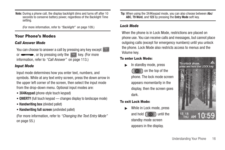 Your phone’s modes, Call answer mode, Input mode | Lock mode, To enter lock mode, To exit lock mode | Samsung SCH-R810ZKAXAR User Manual | Page 19 / 191