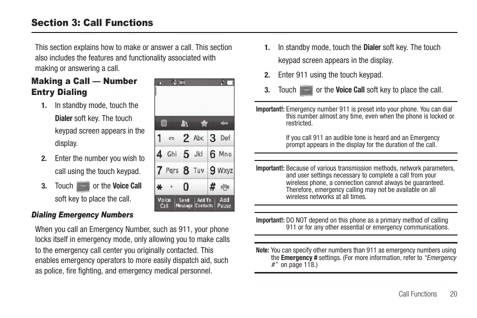 Section 3: call functions, Making a call — number entry dialing, Dialing emergency numbers | Samsung SCH-R810ZKAXAR User Manual | Page 23 / 191