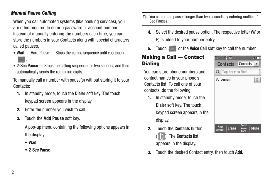 Manual pause calling, Making a call — contact dialing | Samsung SCH-R810ZKAXAR User Manual | Page 24 / 191