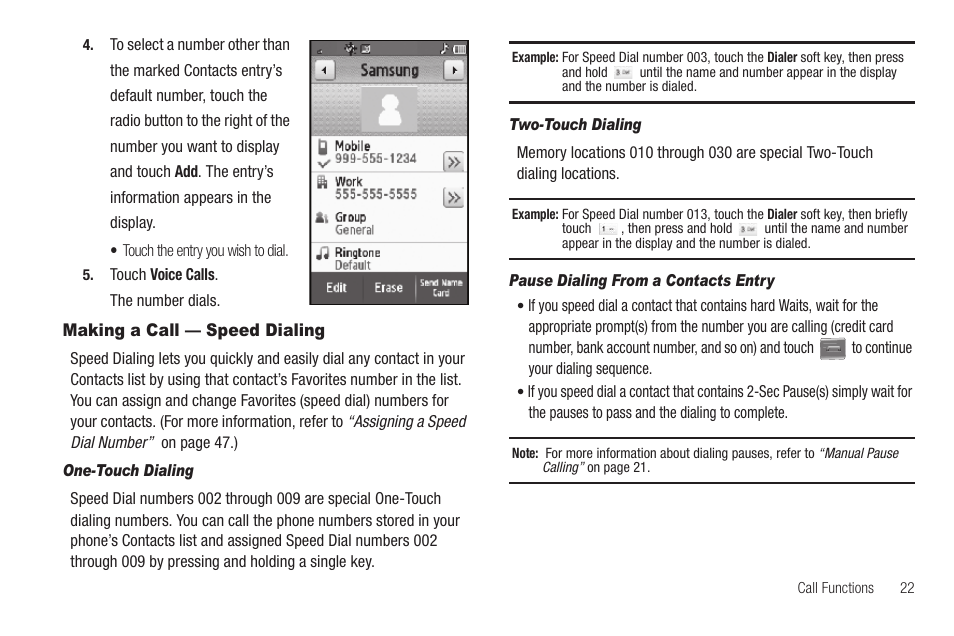 Making a call — speed dialing, One-touch dialing, Two-touch dialing | Pause dialing from a contacts entry | Samsung SCH-R810ZKAXAR User Manual | Page 25 / 191