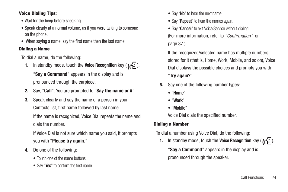 Voice dialing tips, Dialing a name, Dialing a number | Samsung SCH-R810ZKAXAR User Manual | Page 27 / 191