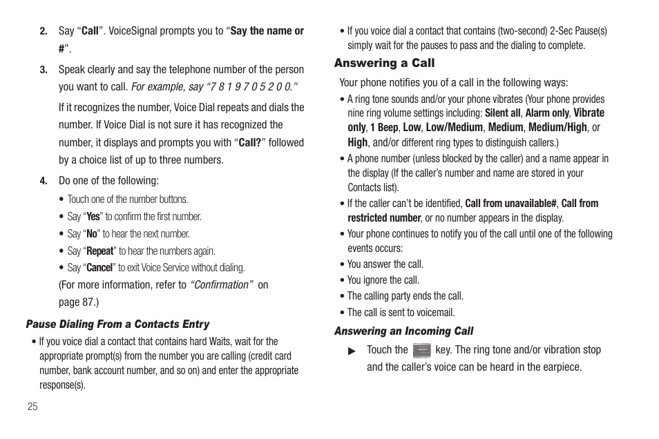 Pause dialing from a contacts entry, Answering a call, Answering an incoming call | Samsung SCH-R810ZKAXAR User Manual | Page 28 / 191