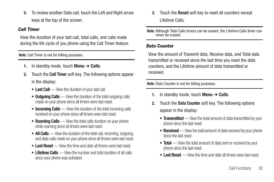 Call timer, Data counter | Samsung SCH-R810ZKAXAR User Manual | Page 35 / 191