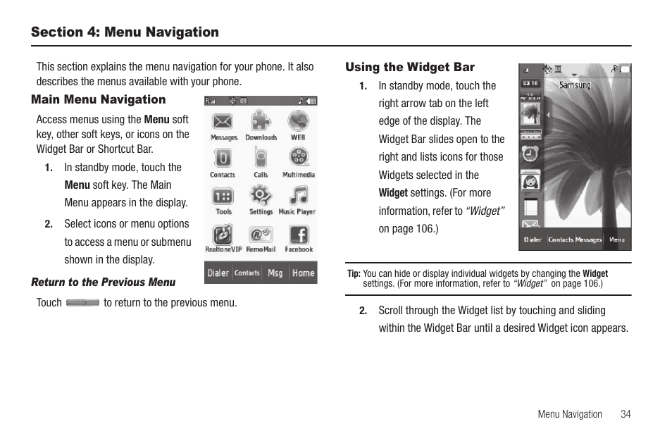 Section 4: menu navigation, Main menu navigation, Return to the previous menu | Using the widget bar, Main menu navigation using the widget bar | Samsung SCH-R810ZKAXAR User Manual | Page 37 / 191