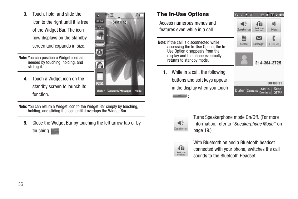 The in-use options | Samsung SCH-R810ZKAXAR User Manual | Page 38 / 191