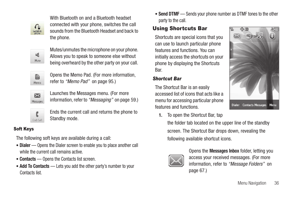 Soft keys, Using shortcuts bar, Shortcut bar | Samsung SCH-R810ZKAXAR User Manual | Page 39 / 191