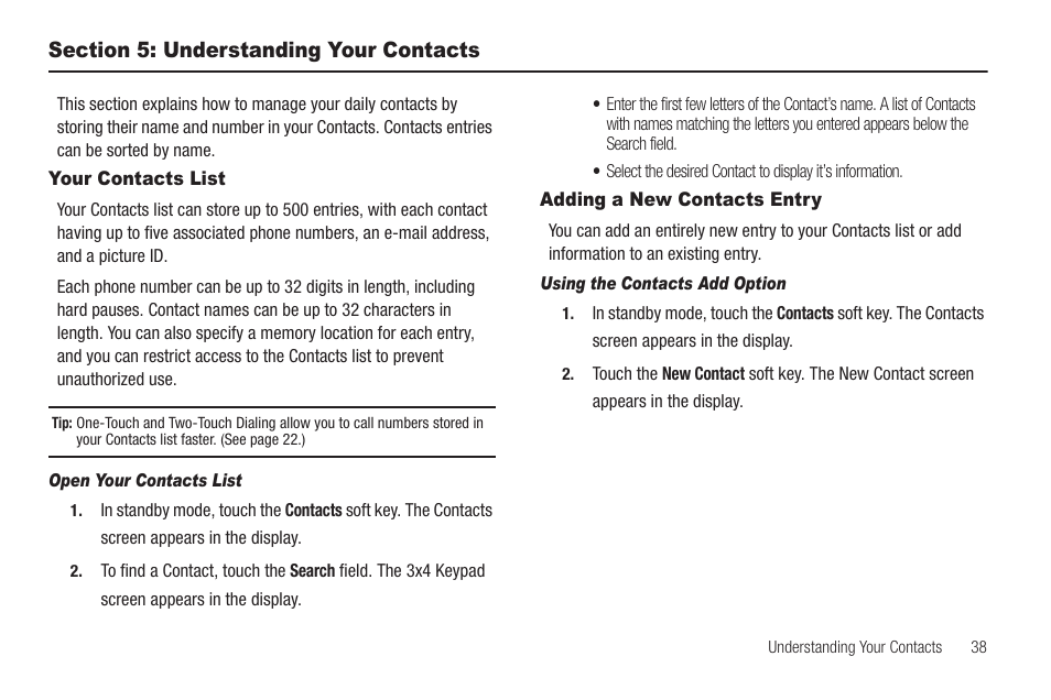 Section 5: understanding your contacts, Your contacts list, Open your contacts list | Adding a new contacts entry, Using the contacts add option, Your contacts list adding a new contacts entry | Samsung SCH-R810ZKAXAR User Manual | Page 41 / 191