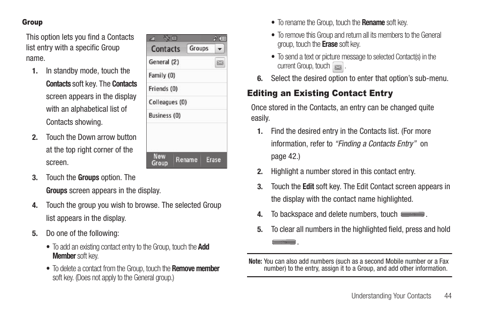 Group, Editing an existing contact entry, Ts. (for more | Information, refer to “group | Samsung SCH-R810ZKAXAR User Manual | Page 47 / 191