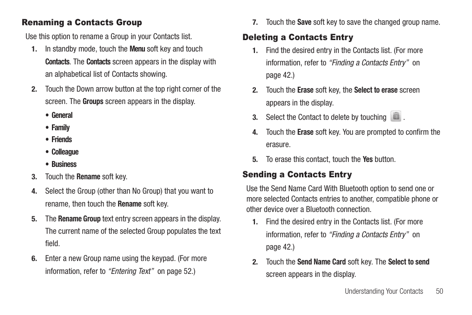 Renaming a contacts group, Deleting a contacts entry, Sending a contacts entry | Samsung SCH-R810ZKAXAR User Manual | Page 53 / 191